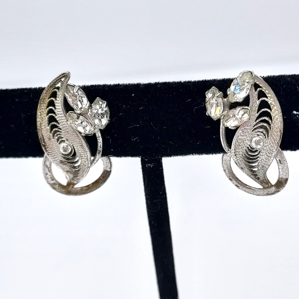 Vintage Sterling 925 Carl Art Earrings Rhinestones Leaves Screw Back Signed